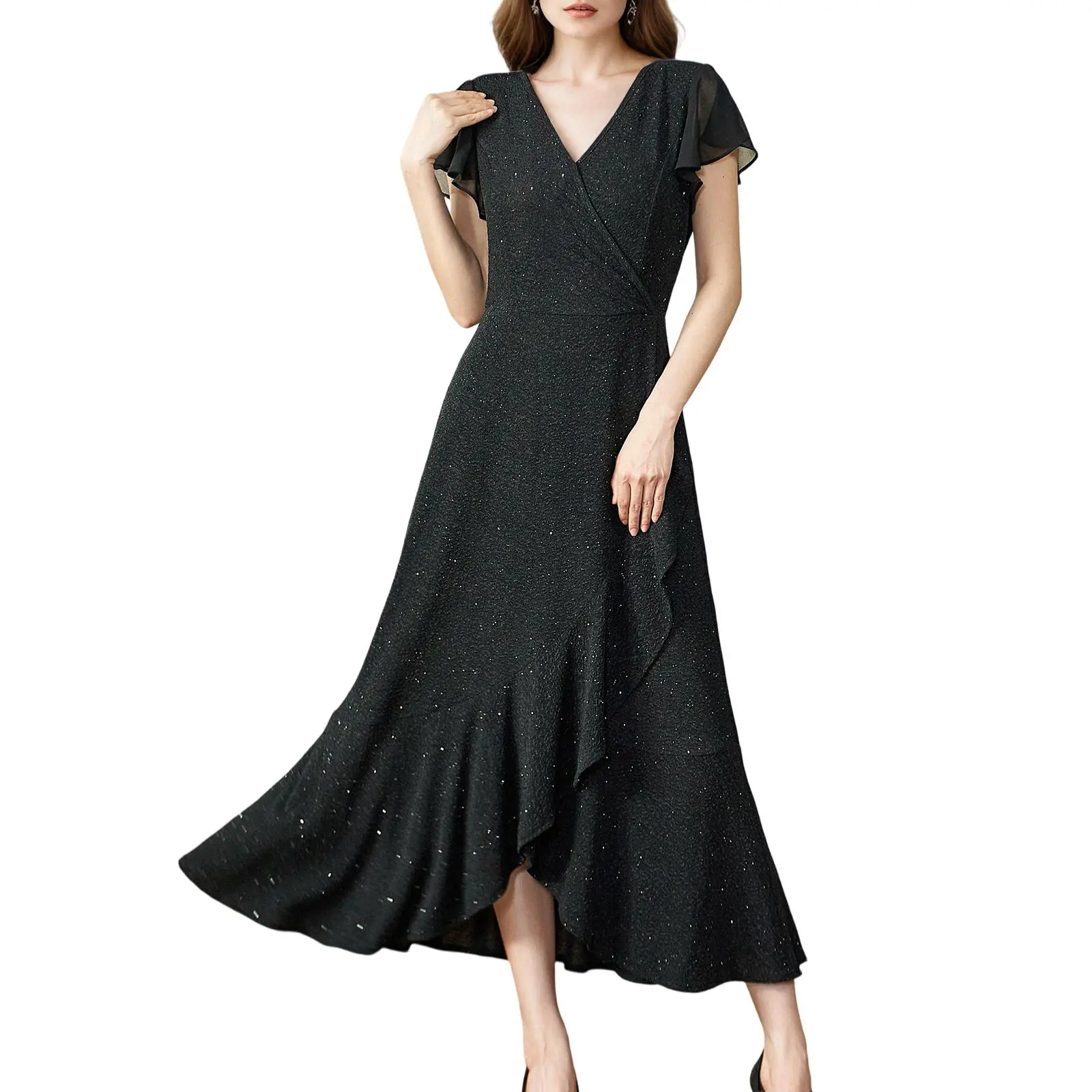 Women Black Sparkly Wrap Maxi Dress V Neck Flutter Sleeve Irregular Ruffle Hem Evening Party Dress LE-LQ018 Formal Womenswear