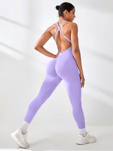 Sovereign Charm Women's Lilac/Baby Blue Seamless Backless Criss-Cross Jumpsuit - Sleeveless Scoop-Neck Yoga Unitard for Fitness & Workout