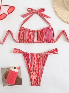 Two-Piece Set Women's Striped Print Bikini Set, Casual Tie Back Triangle Swim Bra & Swim Bottom, Fashion Chic Ladies Bathing Suit for Beach Holiday Vacation