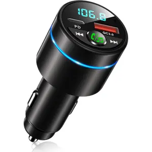 FM Transmitter for   5.3, [All-Metal] PD 30W & QC3.0 18W Fast  Charger,  FM Radio  Kit   Adapter, Noise Cancelling Hands-Free Call, Blue Light - Black