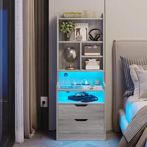 Sikaic Tall Nightstand with Charging Station and LED Lights, Bedside Table with Bookshelf, Grey Furniture Bedroom Vanity Desk Design Vanity Desk