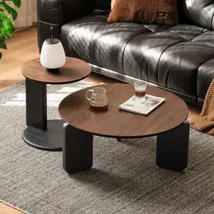 Wayshome Mid Century Morden Round Nesting Table, Small Round Coffee Table Combo w/Solid Wood Legs, Black Sintered Stone Tabletop w/Sturdy Wood Frame for Bedroom Balcony Living Room