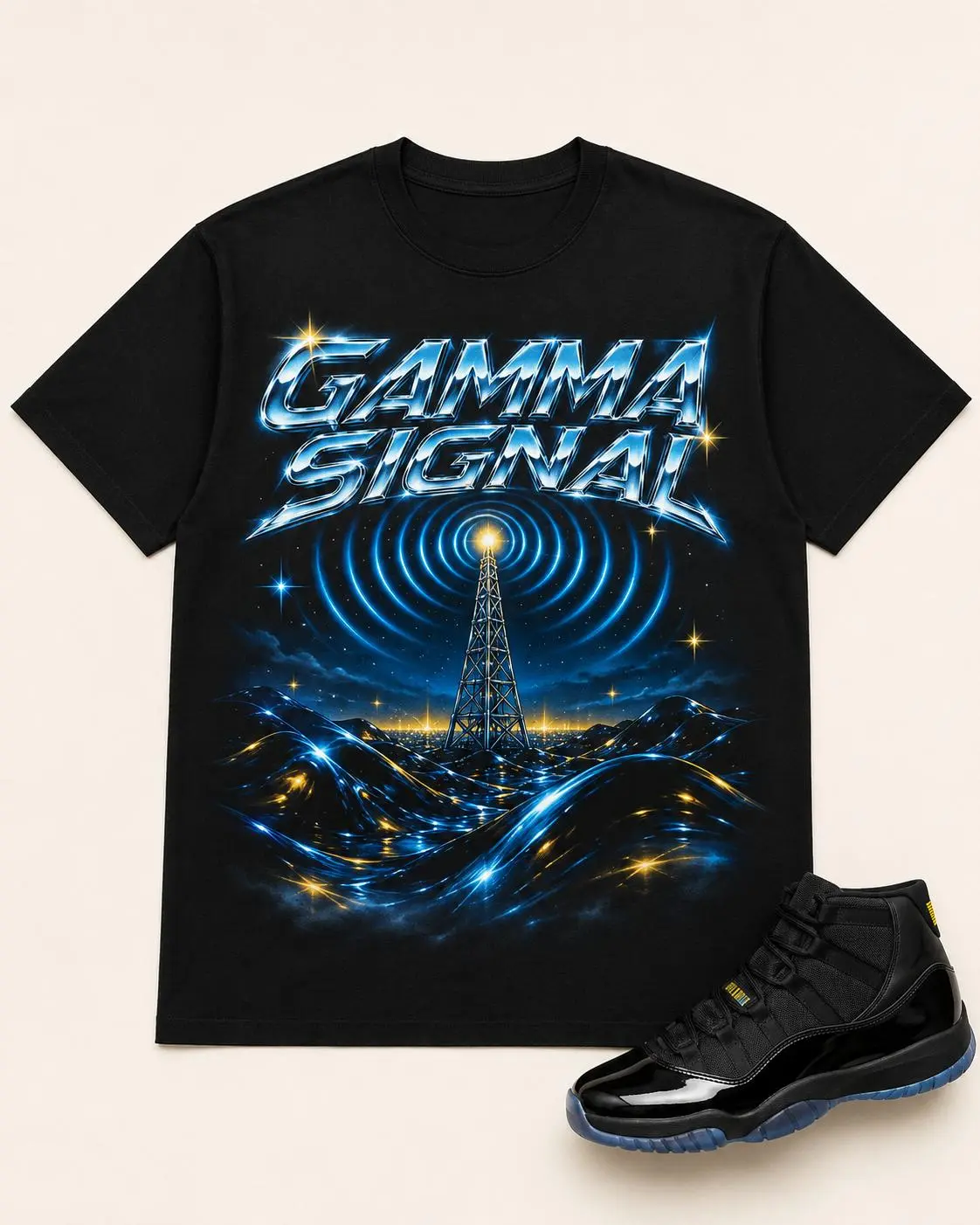 Men's Original Gamma Signal Graphic Casual Streetwear Tee - Jordan 11 Gamma Blue Matching Menswear Top, Glossy, Reflective, Retro, Short-Sleeve, Aesthetic, Stylish Radio Apparel