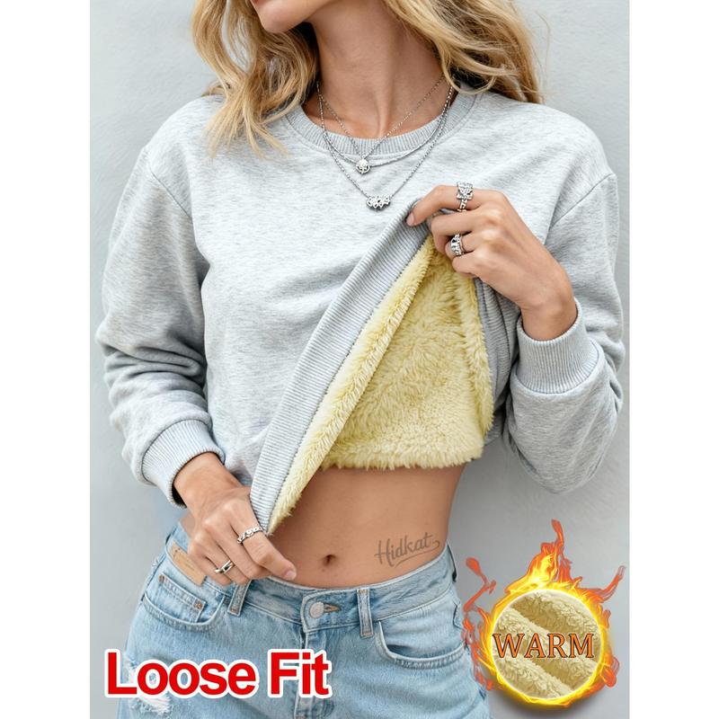Women's Thick Fluffy Sherpa-Lined Cotton Blend Reinforced Ribbed Knit Round Crew Neck Sweatshirt - Elastic Fit, Vintage Aesthetic Winter Thermal Pullover for Coat & Skirt Pairing (Dry Clean Only)