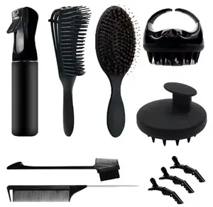 Hair Tools-10pcs (Spray Bottle, Detangling Hair Brush, Brissel Brush, Edge Brush, Rat-tale Comb, Scalp Scrubber, Scalp Massager, and Hair Clips(3))