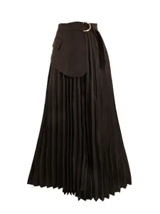 New High Waist Asymmetrical Belted Pleated Skirt, Mid-Length A-Line Half-Skirt, Fashion Slim-Fitting, All Seasons, Regular Length