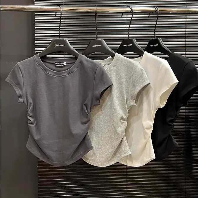 2026 Summer Women Crewneck Crop T-Shirt Y2K Aesthetic Round Neck Shortsleeve Solid Color Slim Fit Minimalist High Waist Streetwear Tops