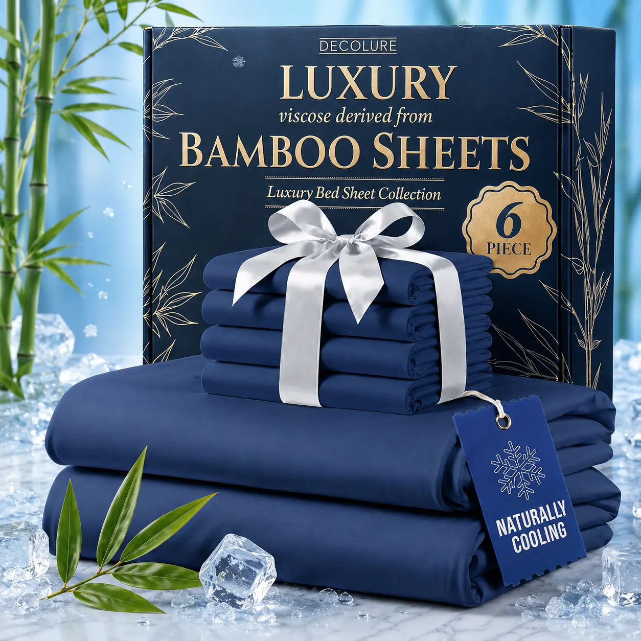 Jollyvogue Extra Deep Pocket Bamboo Sheets - 6 Pcs Breathable & Cooling Bamboo Bed Sheets for Hot Sleepers, Moisture Wicking, Hotel Luxury Fitted Soft Wrinkle-Free For Mattresses, Room Decor, Twin/Full/Queen/King Size Pillowcase Sets, Breathable Soft Bedd