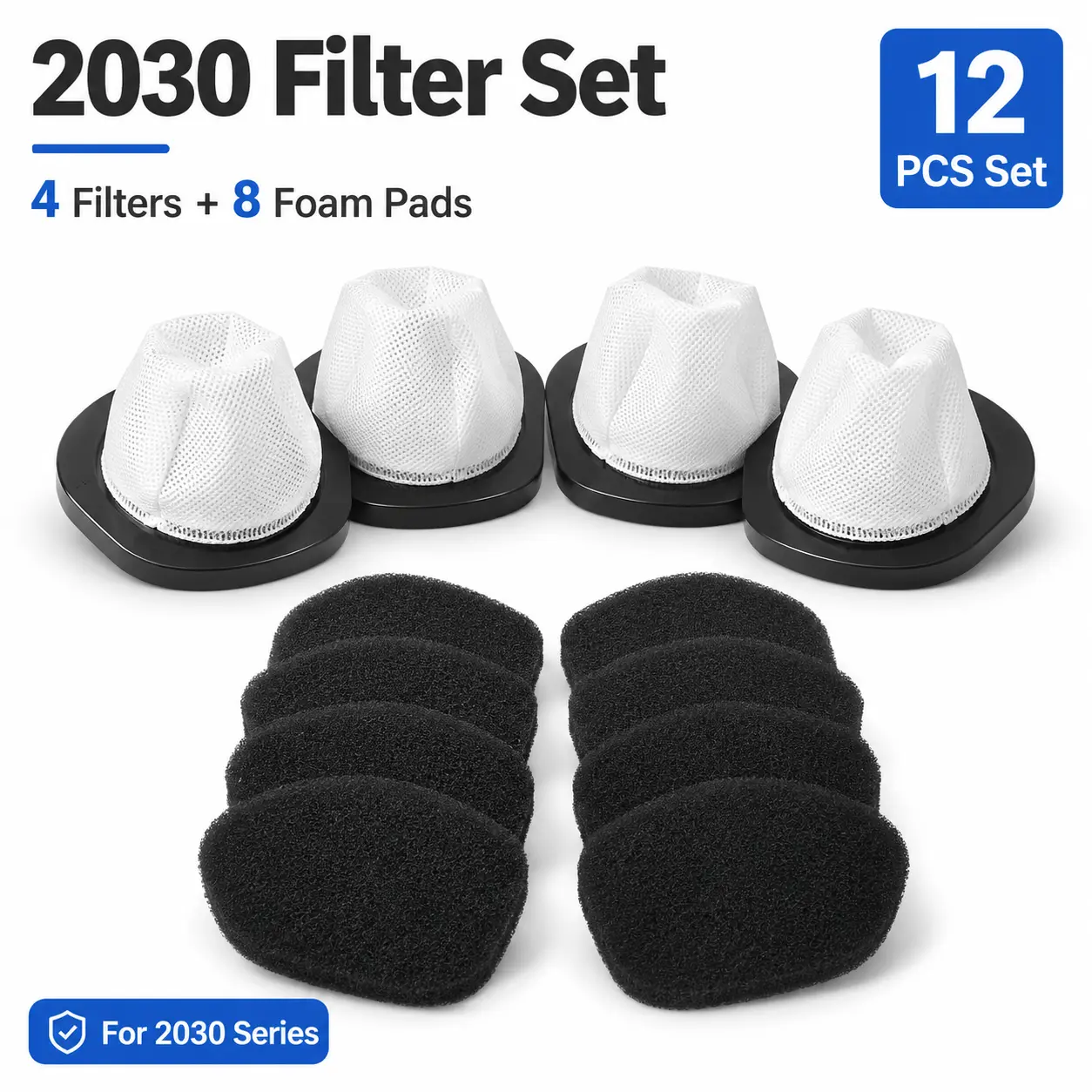 12 PCS Replacement Filter Kit for Bissell 2030 Series Stick Vacuum, Dust Trapping Accessories with 4 White Mesh Filters, 8 Easy Removal Black Foam Pads