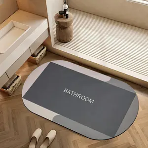 Large Geometric Patchwork Pattern Absorbent Diatomaceous Earth Oval Bath Mat Non Slip Rubber Backed Fast Dry Shower Mat Thin Bathroom Rugs Floor Mat