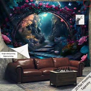[ 2D Flat Printing]1pcs Ultra Large Size Arch Bridge Flower Mountain Road Tapestry- Polyester Home Decoration Living Room Hostel Use with Installation Bag, 2D Flat