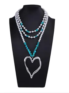 Women's Boho Style Faux Pearl Decor Heart Design Layered Necklace, Fashion Punk Turquoise Texture Decor Necklace for Party, Daily Decor, Trendy All-match Vintage Jewelry As Birthday Gift, Daily Wear Necklace