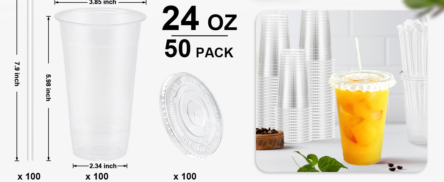 50 Pack 24 oz Clear Plastic Cups with Lids and Straws, Sturdy Disposable Coffee Cups with Lids for Iced Coffee, Cold Drinks, Smoothies and To-Go Beverages