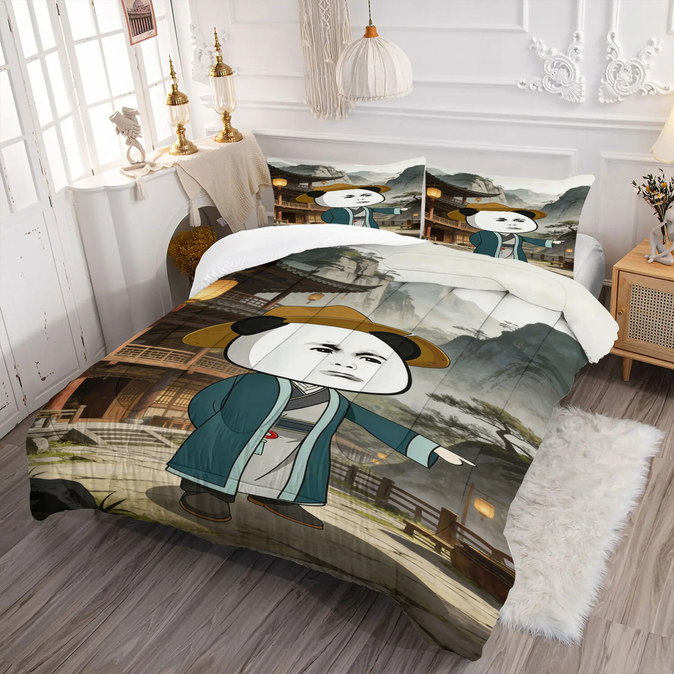 2/3PCS Ancient Chinese Meme Panda Comforter Set, Funny Asian Style Quilt, Soft Microfiber Bedding Set with Pillowcase, Vintage Chinese Landscape Printed Bed Set for Meme Lovers, Dorm & Asian Themed Bedroom Decor