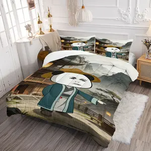 2/3PCS Ancient Chinese Meme Panda Comforter Set, Funny Asian Style Quilt, Soft Microfiber Bedding Set with Pillowcase, Vintage Chinese Landscape Printed Bed Set for Meme Lovers, Dorm & Asian Themed Bedroom Decor