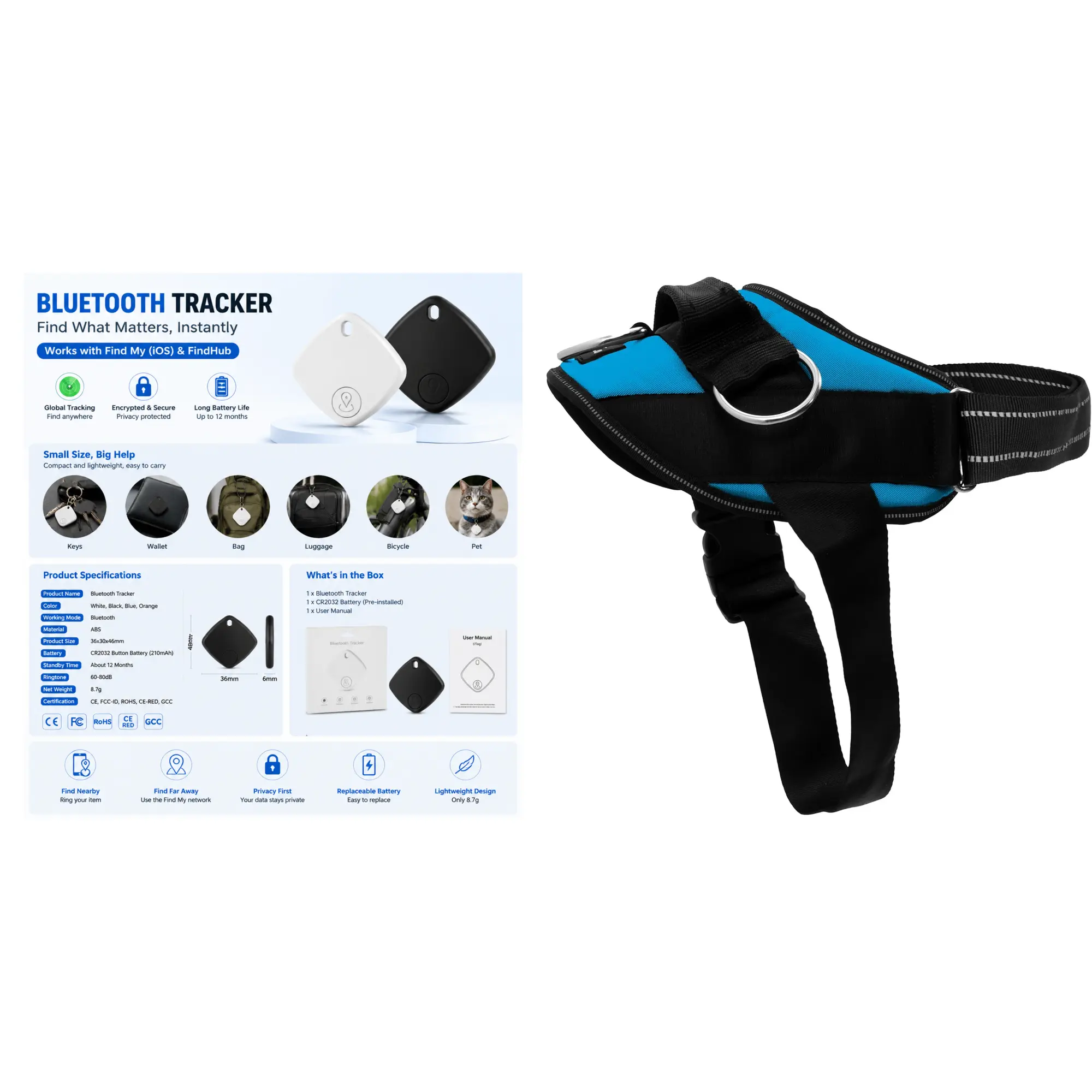 Dog & cat Essential Dog Harness, No-Pull Pet Vest (Oceanic Blue,SIncludes a Bluetooth Tracker to Help Prevent Your Pet from Getting Lost.)~