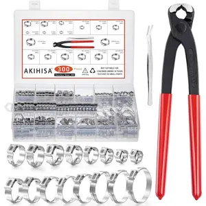 300pcs 16 Sizes Single Ear Hose Clamps, 5.3-36.1mm Stainless Steel_304 Crimp Hose Clamps Cinch Rings Assortment Kit for Automotive, Pipe, Plumbing