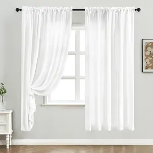 Chyhomenyc 2 Panels White Kitchen Curtains 36 Inch Length Tier Curtain, Faux Linen Textured Small Cafe Curtain, Light Filtering Short Window Curtains For Bathroom Basement