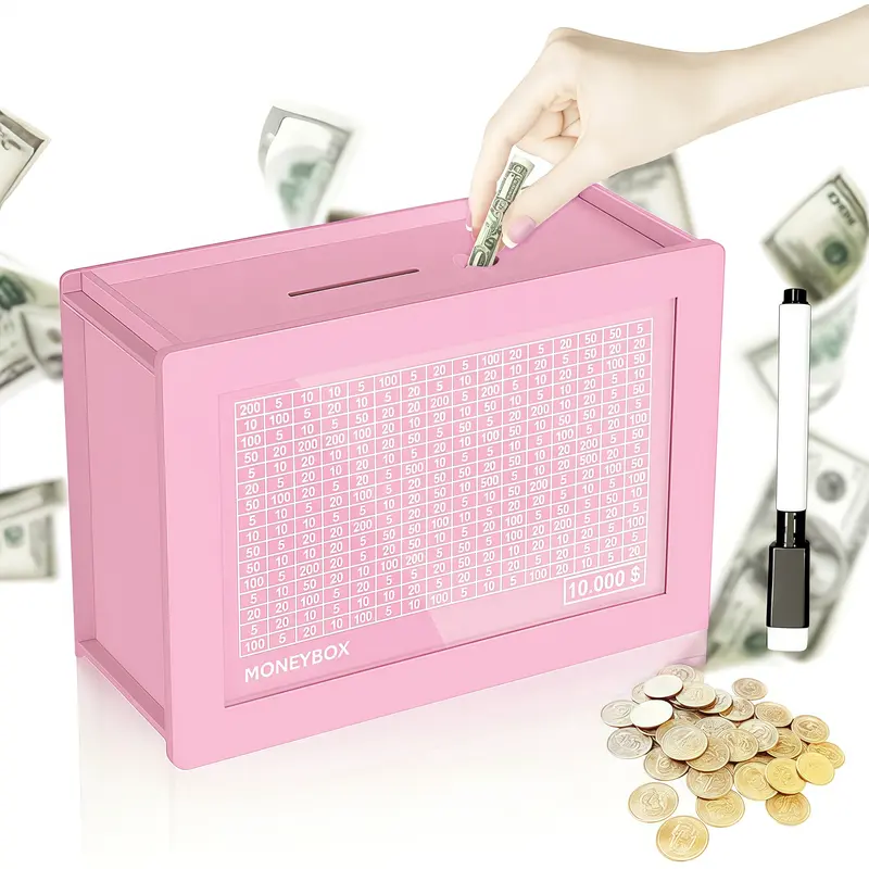 Durable Pink Wooden Piggy Bank Box - Larger Size Savings Vault with Counter and Pen, 10000-Capacity Coin Storage, Office Accounting Supplies for Holiday Haul Challenge