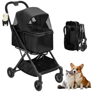 collapsible Lightweight Pet Stroller  Airline Approved, Up to 20 lbs – Khaki for Small/Medium Dogs & Cats – 360° Shock-Absorbing Wheels, Mesh Canopy, Storage Basket, Cup Holder