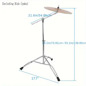 Silver Steel Chrome-Finish Cymbal Boom Stand with Double Bracing, Drum Hardware Boom Arm Mount Holder Adapter for Percussion Instruments, Music Accessories