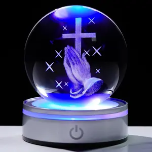 3.15in.  Cross with Praying Hands  Ball Religious Gifts for Women Men, K9  Ball Engraved Hands Holding A Cross Christian Paperweight with LED Light Base for Decoration