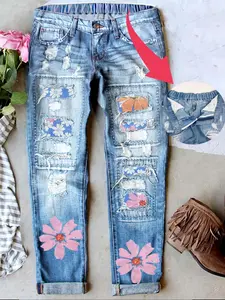 Women's Valentine's Day Patch Ripped Distressed Mid-Waist Boyfriend Fit Washed Floral Print Loose Denim Button Jeans Elastic Waistband Breathable Comfort Fabric All Seasons Wear