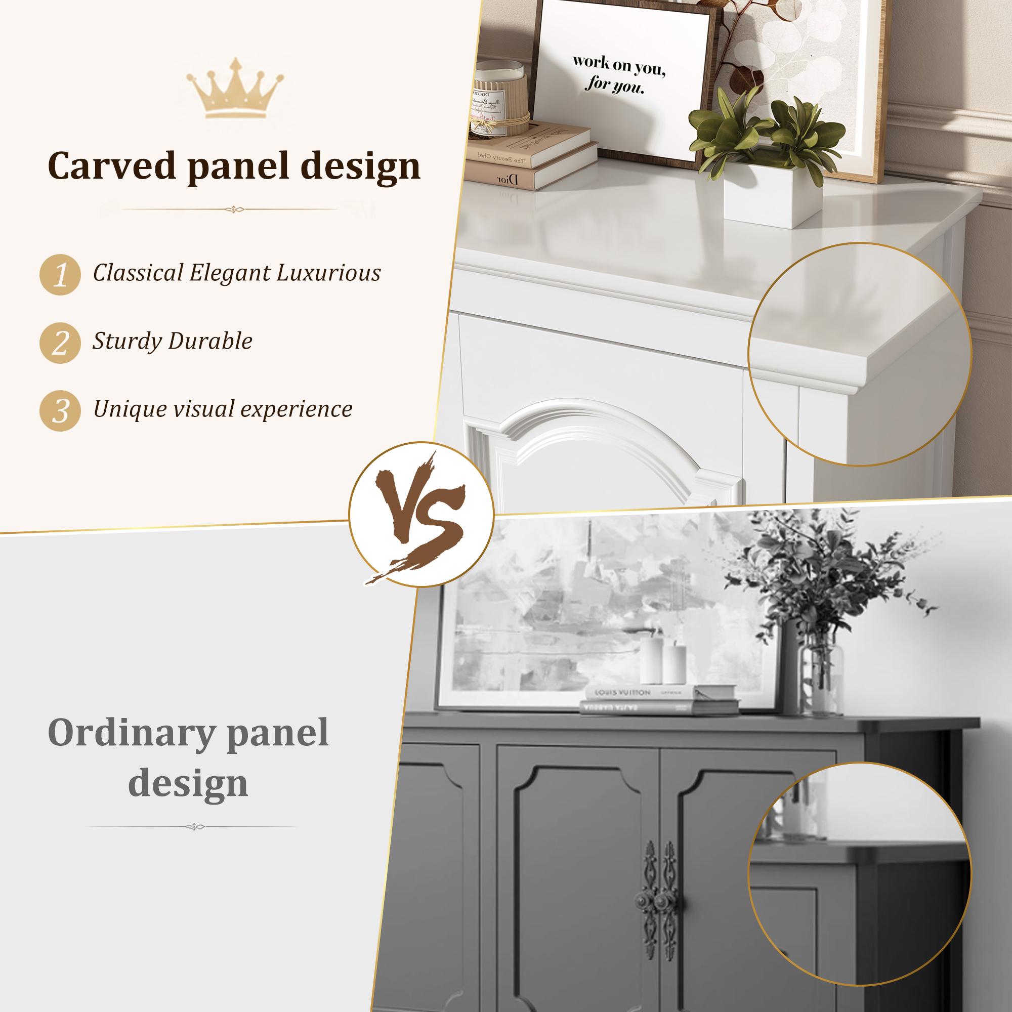 32" Farmhouse Sideboard Buffet Cabinet with Farmhouse Look, Wood Carving Design, Brass Carved Handles, Solid Wood Gourd Legs, Adjustable Shelves, Multi-Function Media Console for Entryway & Dining Room