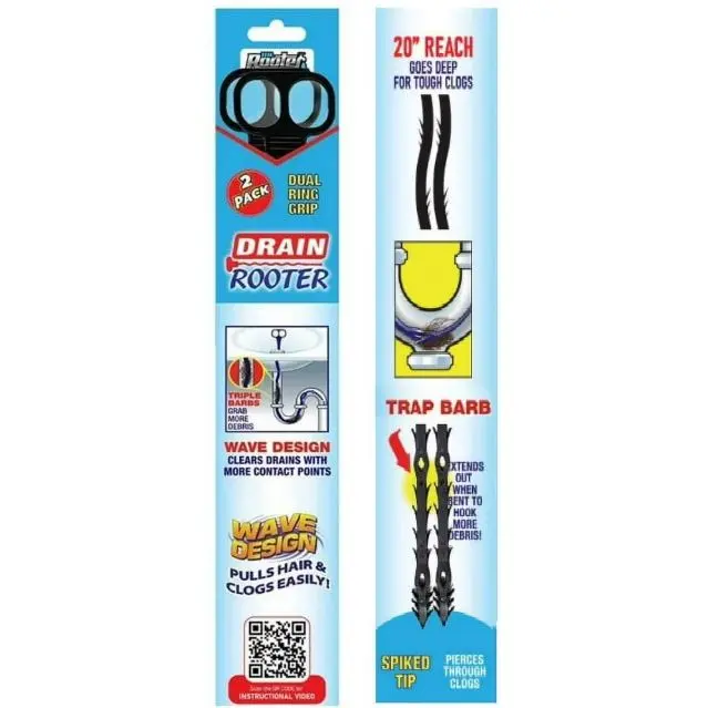 Dr. Rooter 20" Drain Snake with 46 Trap Spikes Non-Toxic Reusable Dual Ring Handle Value for Sinks & Bathtubs