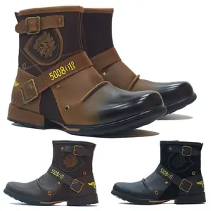 Men's Vintage-Inspired Mid-Calf Boots with Dual Buckle Straps and Side Zipper - Casual Round Toe, All-Season Wear