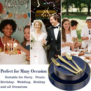 50 Blue Gold Rim Plastic Decorative Plates, Washable Reusable Party Tableware, Perfect for Weddings Birthdays Christmas Halloween Events