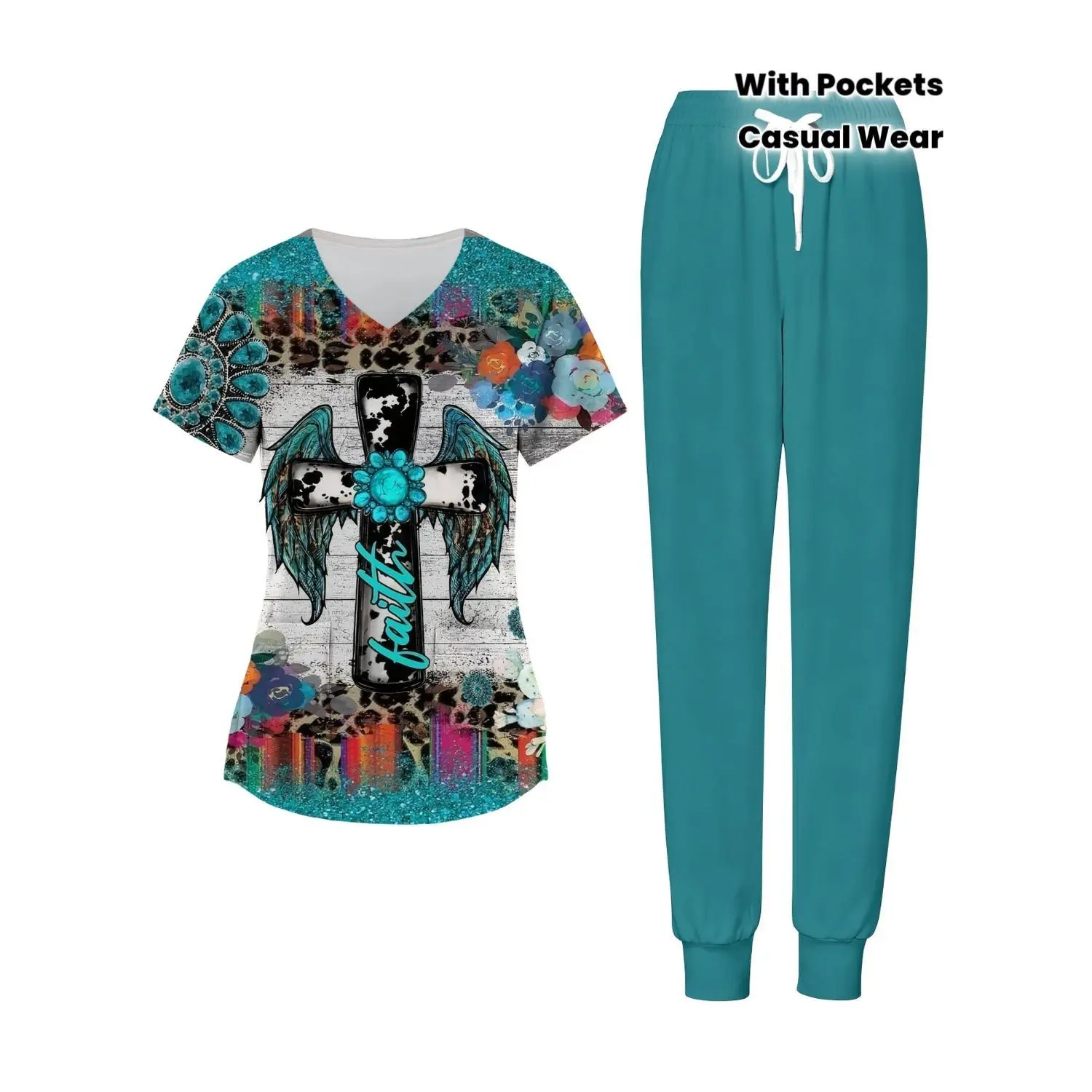 Teal Women's Nurse Scrubs Set with Cross & Wings Design - V-Neck Top and Pocketed Pants for Comfortable, Casual Uniform Style