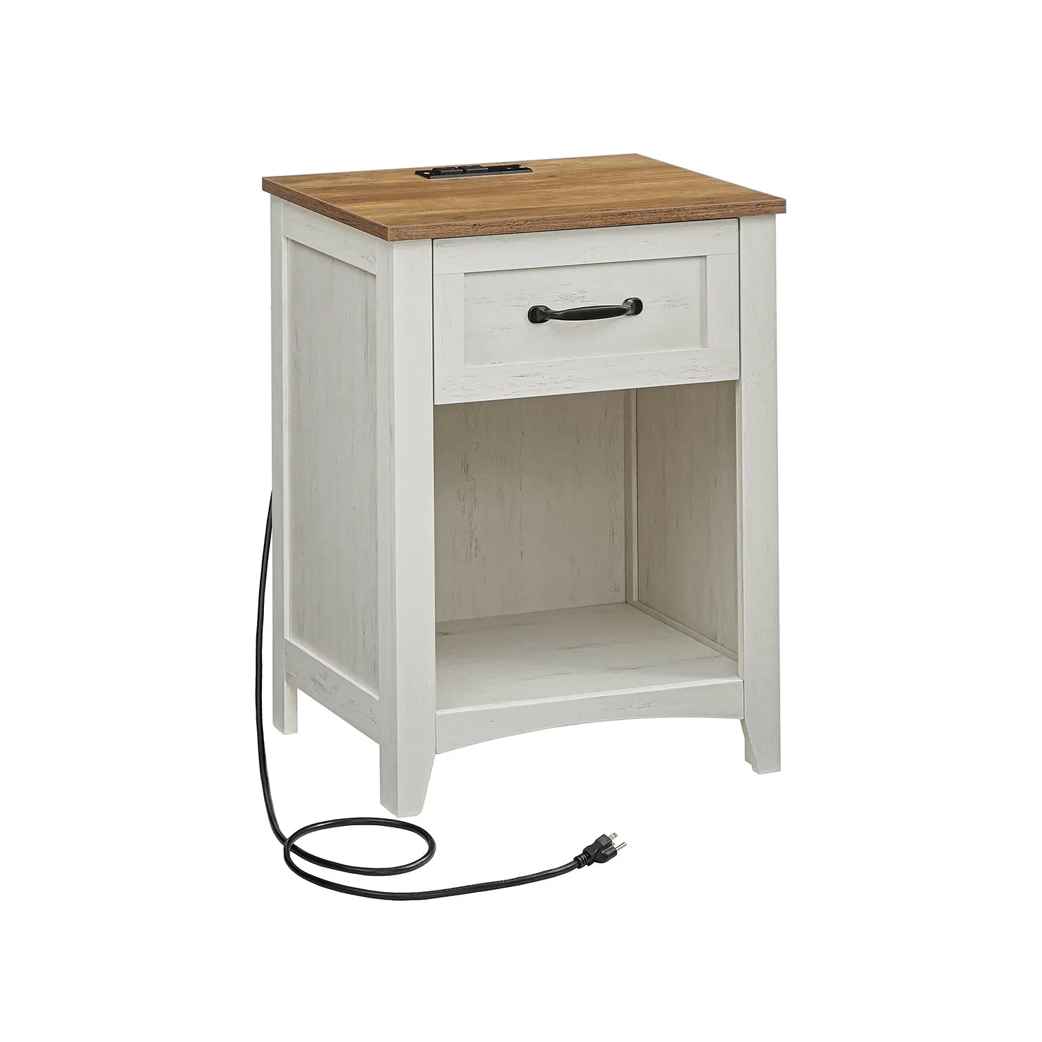 VASAGLE Nightstands with Charging Station, Open Compartment, Rustic White and Honey Brown Rustic Wood Table