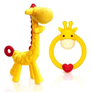 Silicone Giraffe Baby Teether Toy with Storage Case, for 3 Months Above Infant Sore Gums Pain Relief and Baby Shower, Baby Teething Toys (Yellow)