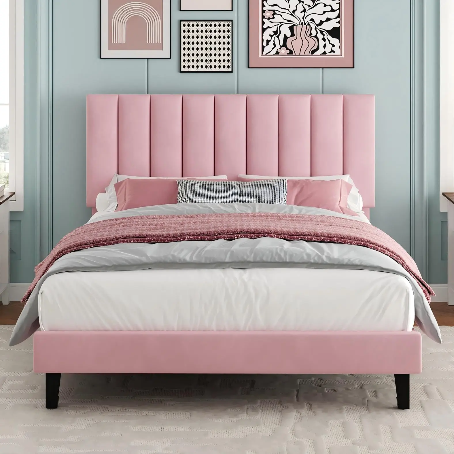 Garvee Full Size Bed Frame, Velvet Upholstered Platform Bed with Adjustable Vertical Channel Tufted Headboard, No Box Spring Needed, Easy Assembly, Pink