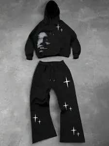 Y2K Style Portrait Face & Star Print Hoodie Set, Fall Winter Streetwear, Loose Fit Couple, High Street Fashion Sporty Look