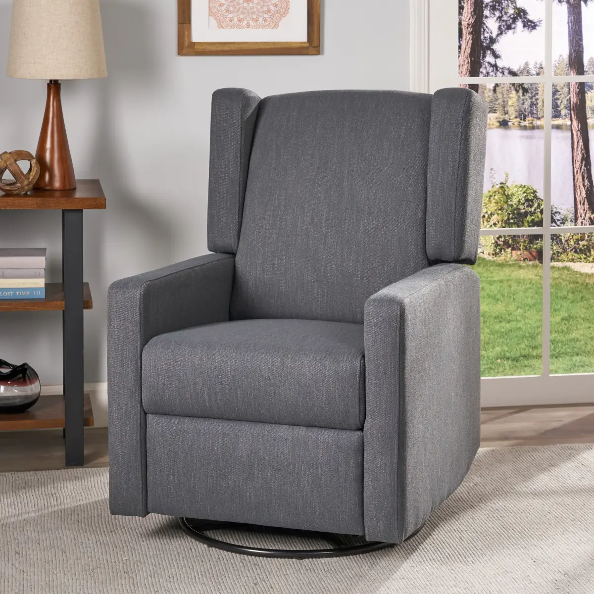 Plush Upholstery Modern Swivel Pushback Recliner Wingback Chair - Lever Mechanism Swivel Chairs, 1 Recliner, 28.50" w x 35.00" d x 41.25" h, 80.91 lbs, Ideal for Small Spaces Living Room, Assembly Required, One (1) Recliner