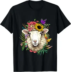 100% Cotton Floral Sheep Shirt Lamb Farm Animal Face Farmer Sheep Lover T-Shirt