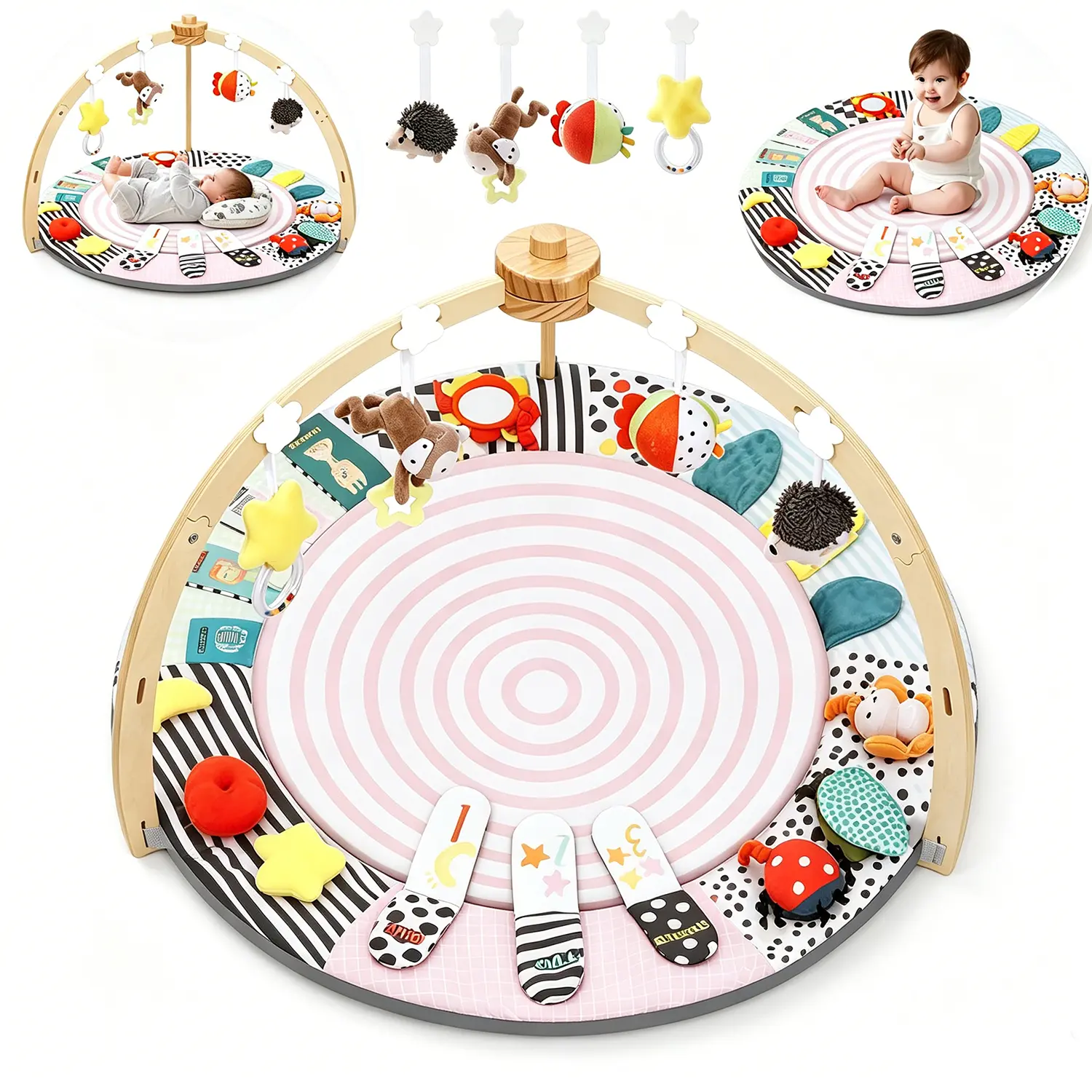 Wooden Baby Gym Play Mat, Foldable Tummy Time Playmat W/ 7 Detachable Toys for Infant Newborn Toddler Motor Skills Sensory Development