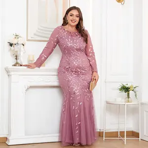 2026 Women's Dusty Rose Plus Size Sequin Embroidery Maxi Dress, Long Sleeve Mesh Mermaid Formal Gown for Evening & Party