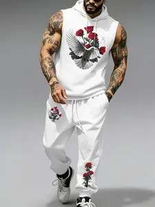 Men's Peace Dove Rose Print Hooded Sleeveless Vest Casual Fashion Set, Soft Skin-Friendly, High Definition Digital Print, Long-Lasting Colors