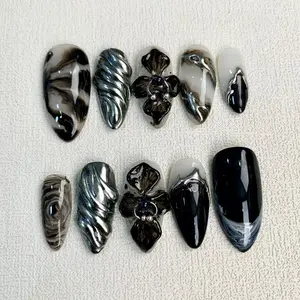 Black Orchids Press On Nails, Gothic Punk Rock Nails, Goth Y2K Trending Press On Nails - DarkNailz