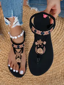 Women's Boho Flat Sandals, Bohemian Sandals, Flip Flops, Casual PU Leather Shoes, Comfortable Fashion Footwear for Weddings, Parties, Outdoor Activities, Beach