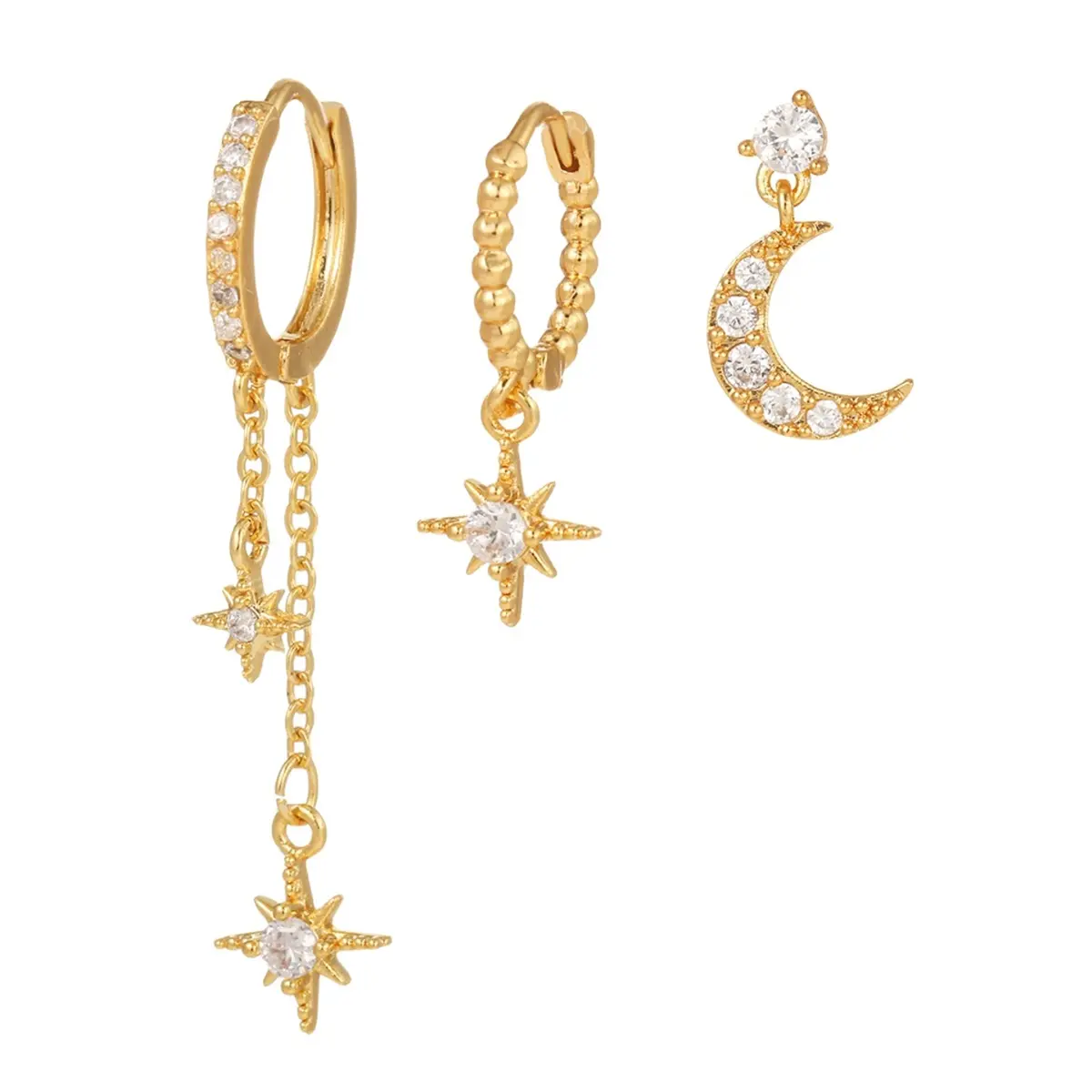 3-Piece Star and Moon Earring Set for Women, Cubic Zirconia Dangle Hoops and Crescent Moon Drop Stud