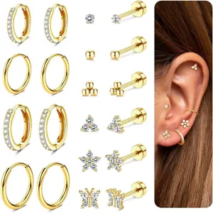 MILACOLATO 10 Pairs Gold Earrings for Women 18K Plated Gold Hypoallergenic Earring 316L Surgical Steel Hoop Earrings Flat Back Earring Stud Cubic Zirconia Helix Tragus Cartilage Piercing Jewelry