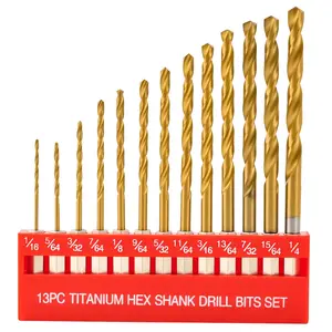 13pcs HSS Drill Bit Set, Titanium Coating High Speed Steel Drill Bit Set (1/16"-1/4") for Sheet Metal, Wood, Plastic, Quick Change Design