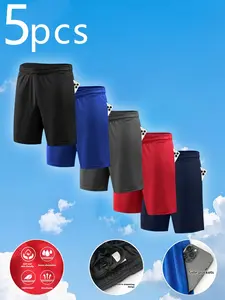 5pcs Men's Quick-Dry Mesh with Pockets, Breathable Fitness Shorts, Breathable Elastic Waistband Drawstring for Gym, Running, Workout & Casual Wear