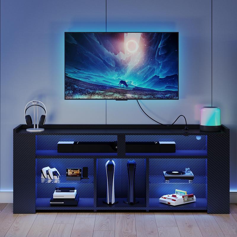 IRONCK Entertainment Center with Storage, Tall TV Stand W/Power Outlet, LED Gaming TV Cabinet for PS5, Black TV Stand with Carbon Fiber
