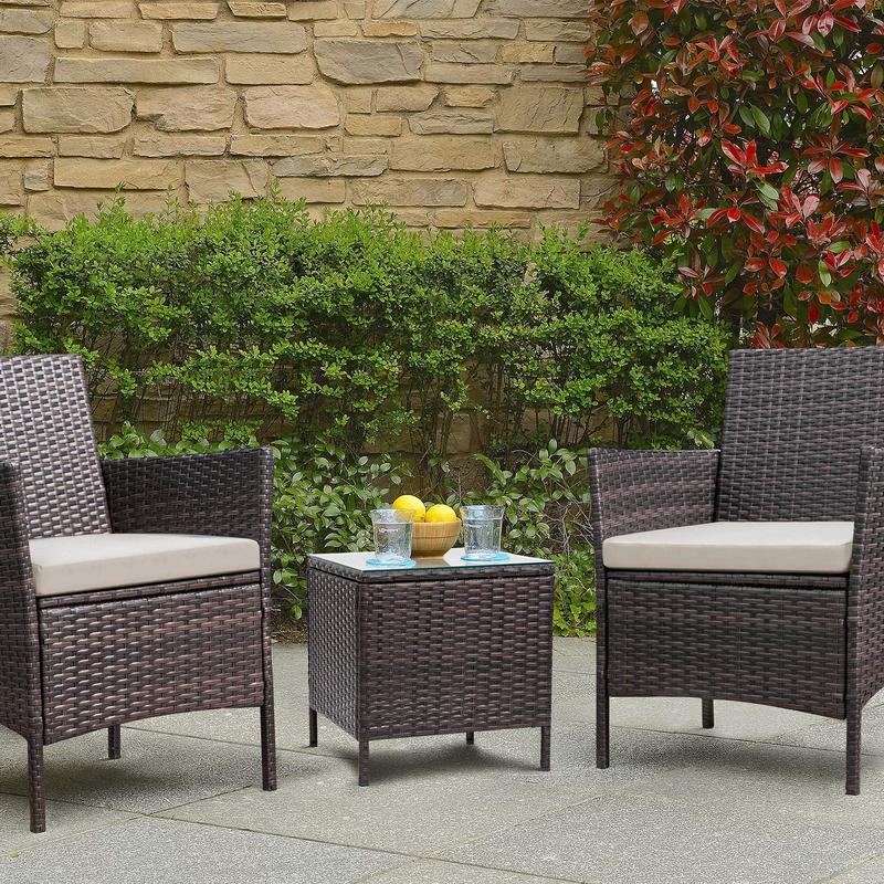 HOMALL 3 Pieces Outdoor Patio Furniture PE Rattan Wicker Table and Chairs Set Bar Set with Cushioned Tempered Glass