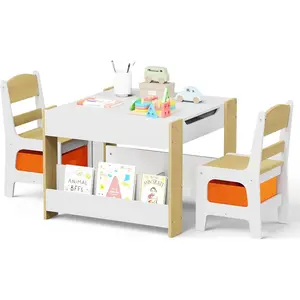 Kids Wood Table & 2 Chairs Set, 4 in 1 Children Activity Table w/Double Bookcase, Blackboard, Toddler Furniture Set for Art, Crafts, Drawing, Reading, Playroom